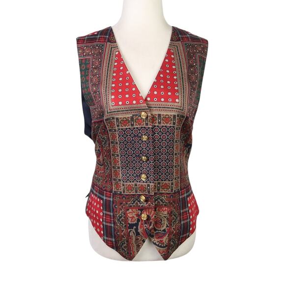 Vintage 90s Liz Claiborne Navy Blue and Red Scarf Print Satin Vest 10 - Picture 1 of 5